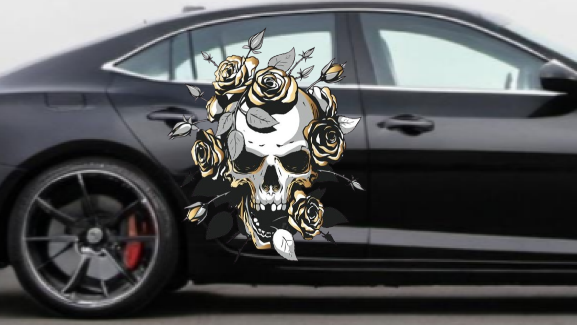 Rose Skull Decal: NEW Design Large Car Graphic Decal, Vinyl Sticker for Car, Truck, or Wall, Universal Size, Eye Catching Decal, Skull Decal