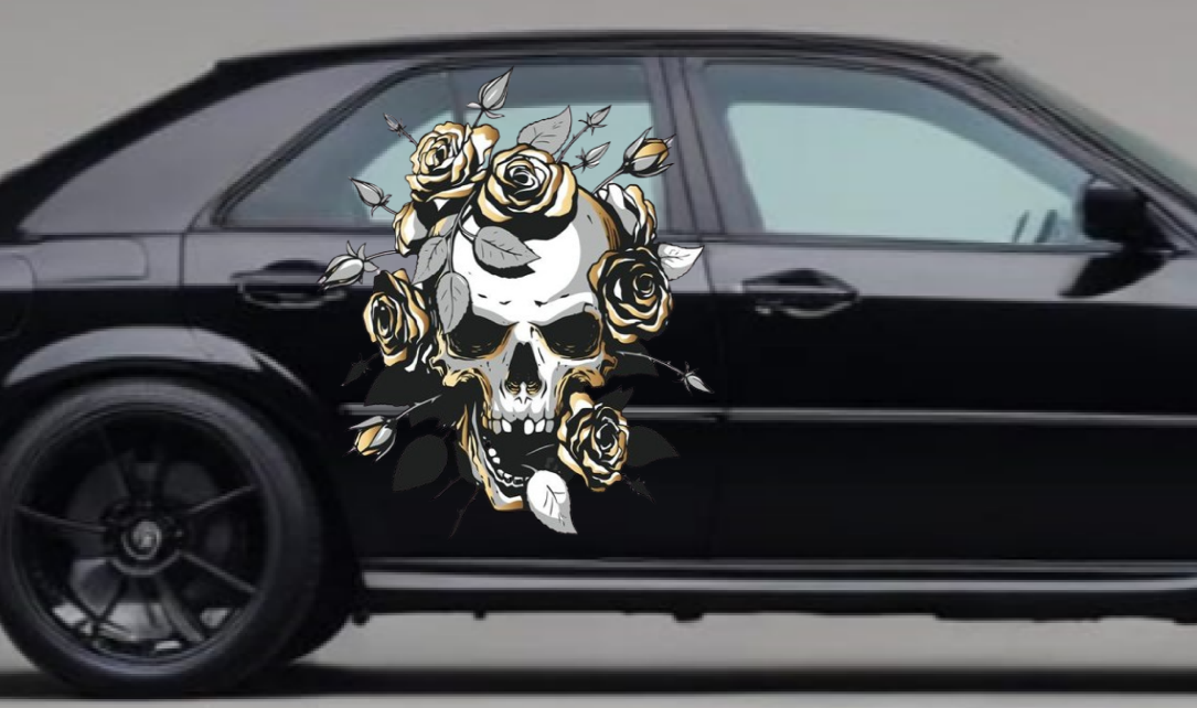 Rose Skull Decal: NEW Design Large Car Graphic Decal, Vinyl Sticker for Car, Truck, or Wall, Universal Size, Eye Catching Decal, Skull Decal