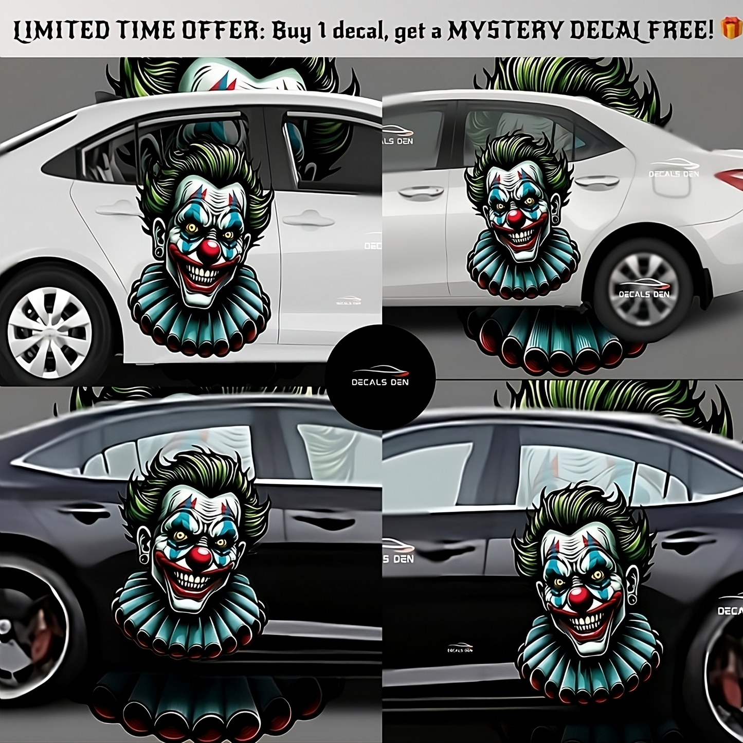 Scary Clown Decal: NEW Design Large Car Graphic Decal, Vinyl Sticker for Car, Truck, or Wall, Universal Size, Eye Catching Decal